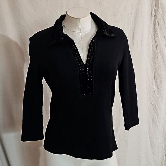 Black Collared V-Neck Pullover with Beaded Trim - Small - Picture 2 of 9